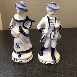Vintage Victorian Couple Blue and White Figures with Gold Trim 7 inches